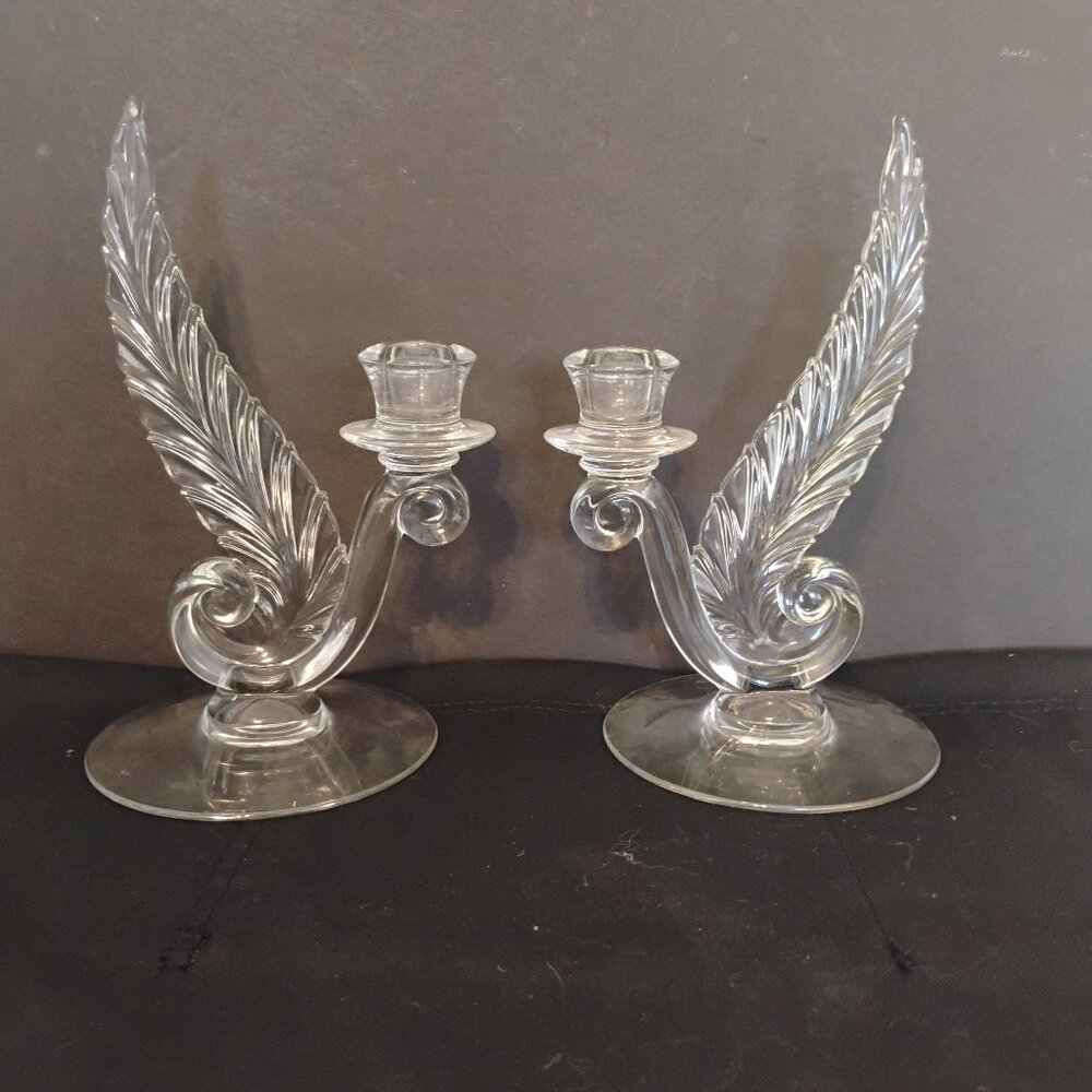 Fostoria Glass Vintage Single Plume candle holder, set of 2